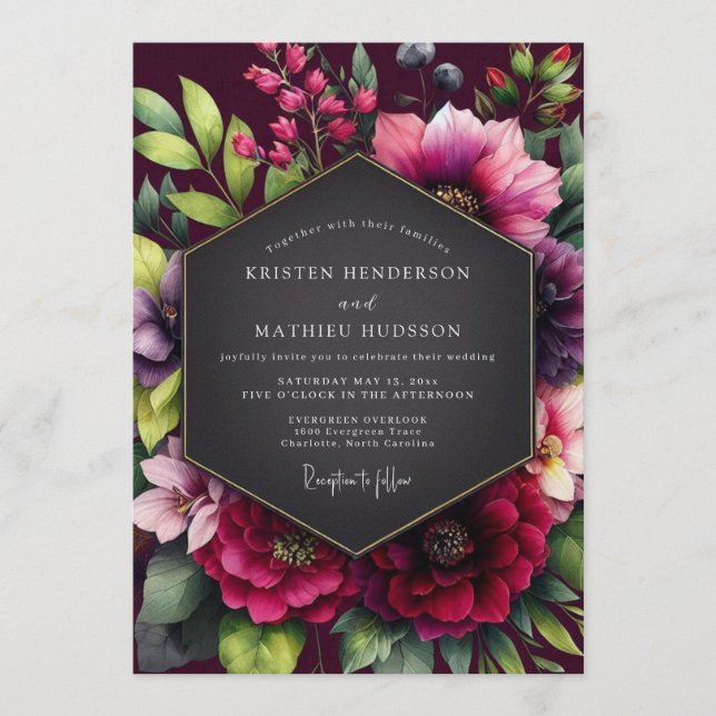 Invitation Mariage Bouquet Grenat Vivid (Devant)