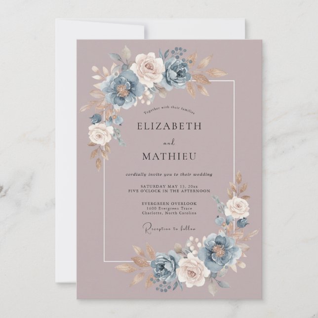 Invitation Mariage Bouquet Painter de Bleu Poussiéreux (Devant)