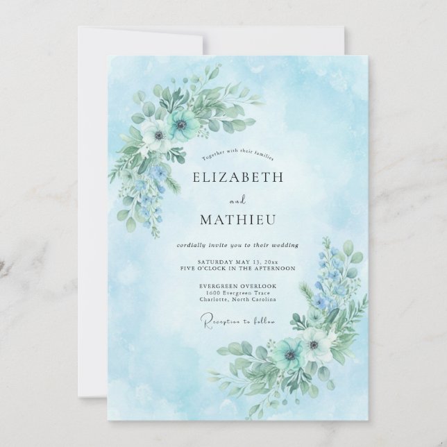 Invitation Mariage Bouquet Peint Ciel Azur (Devant)