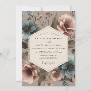 Invitation Mariage Bouquet Vintage Bleu Poussiéreux