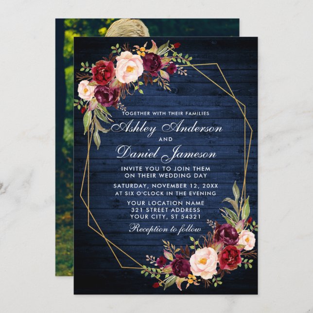 Invitation Mariage Bourgogne Floral Bleu Bois Photo géométriq (Devant / Derrière)