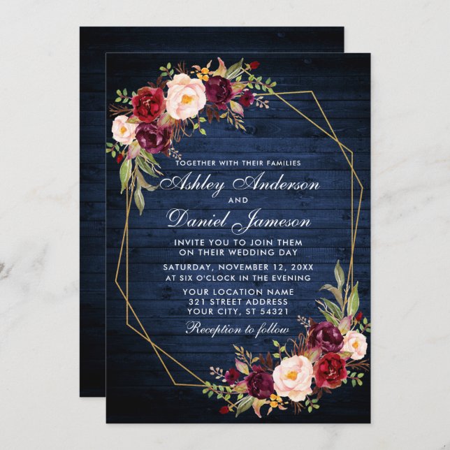 Invitation Mariage Bourgogne Floral Bleu Bois Photo Géométriq (Devant / Derrière)