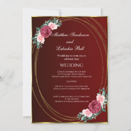 Invitation Mariage Bourgogne or rose rouge Fleurs Classique
