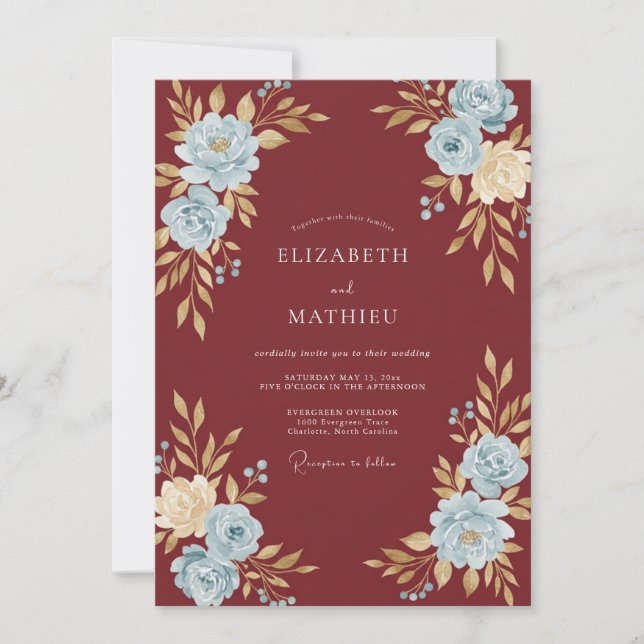 Invitation Mariage Bourguignon Bleuet Ranunculus Eucalyptus (Devant)