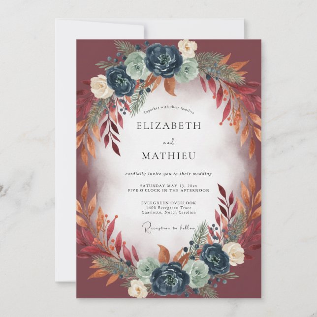 Invitation Mariage Bourguignon Cuivre Eucalyptus Automnal (Devant)