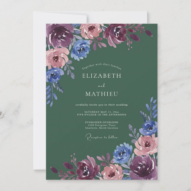 Invitation Mariage Bourguignon Fleurie à l'Aquarelle Bleue (Devant)