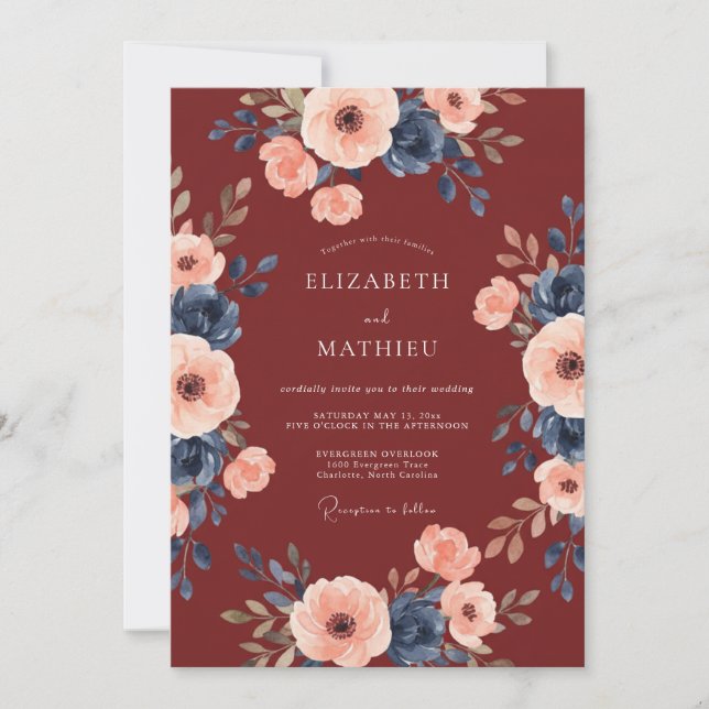 Invitation Mariage Bourguignon Floral Embrassant (Devant)