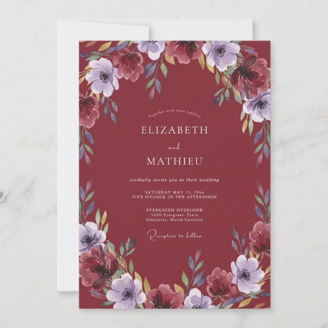 Invitation Mariage Bourguignon Lavande Ranunculus Eucalyptus (Devant)