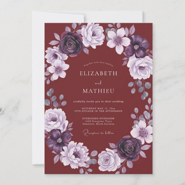Invitation Mariage Bourguignon Mauve Ranunculus Eucalyptus (Devant)