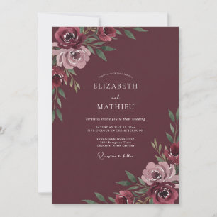 Invitation Mariage Bourguignon Profond Étreinte Florale
