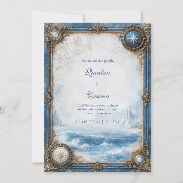 Invitation Mariage Boussole Côtière Bleue (Devant)