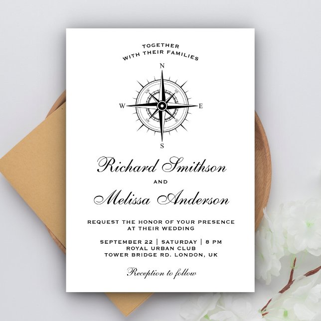 Invitation Mariage Boussole Naútíque Noir et Blanc Moderne (Créateur téléchargé)