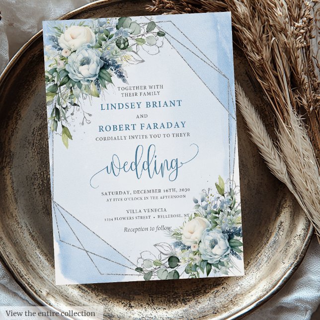 Invitation Mariage brillant Dusty Blue White Silver Peonies (Glamorous Dusty Blue White Silver Peonies Wedding Invitation)