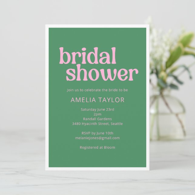 Invitation Mariage brillant vert rose rétro en caractères gra (Debout devant)