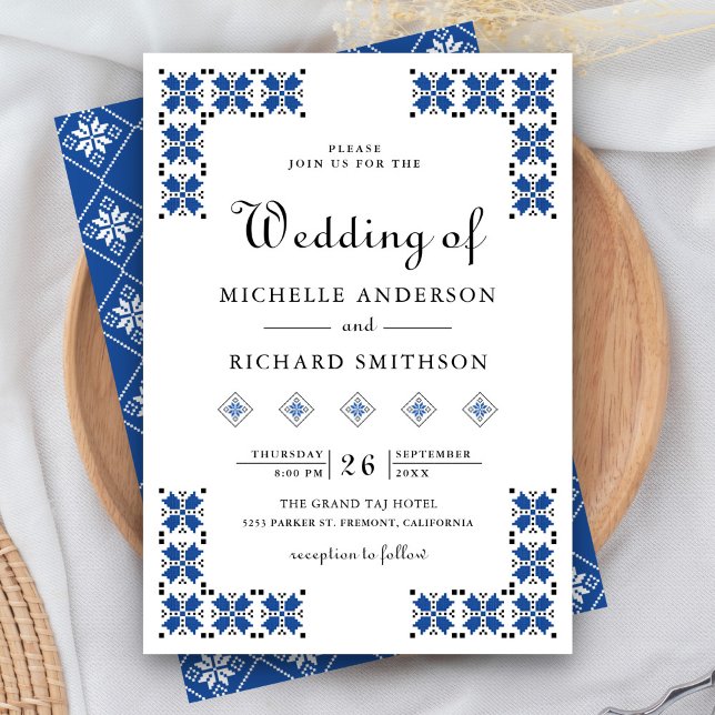 Invitation Mariage Broderie Ukrainienne Bleu et Noir (Créateur téléchargé)