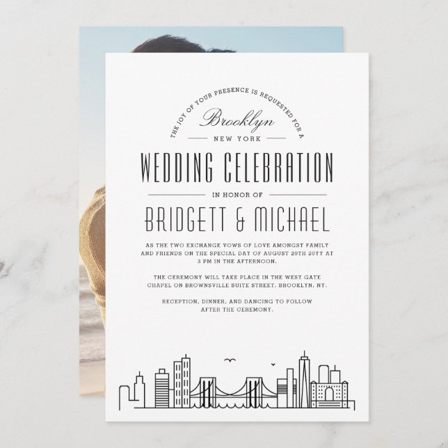 Invitation Mariage Brooklyn | Ligne Skyline Déco Moderne (Devant / Derrière)