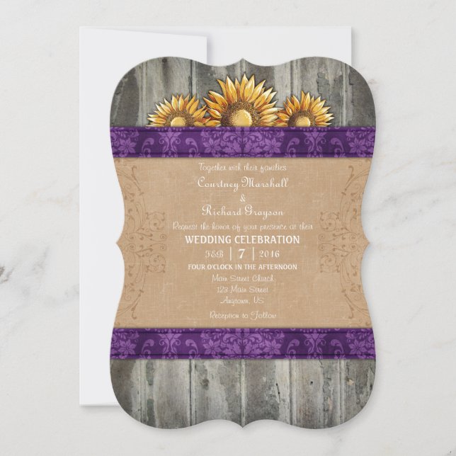 Invitation Mariage Brown de tournesol rustique violet Invitat (Devant)