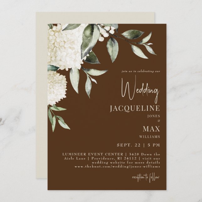 Invitation Mariage Brown White Hydrangeas (Devant / Derrière)