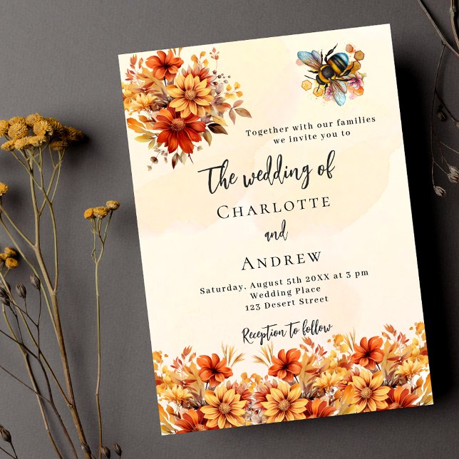 Invitation Mariage brûlé orange fleurs d'automne abeille luxe (Créateur téléchargé)