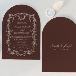 Invitation Mariage Brun Chocolat Floral Ancien Argent Arqué