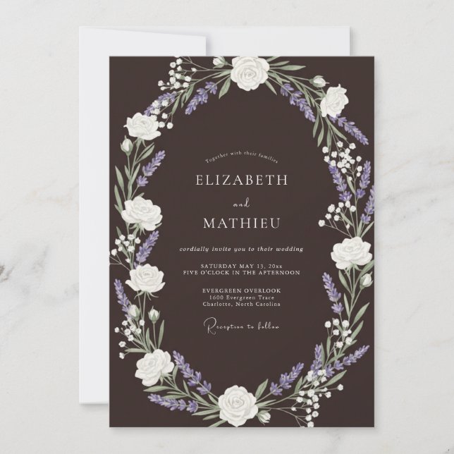 Invitation Mariage Brun Espresso Rustique Lavande (Devant)