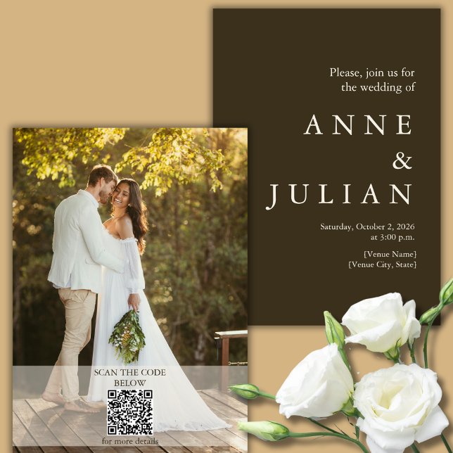 Invitation Mariage Brun Foncé avec une photo et un code QR (Créateur téléchargé)