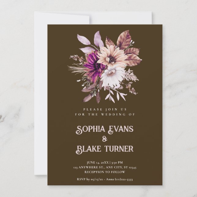 Invitation Mariage Brun Mocha Botanique Floral Rustique d'Aut (Devant)