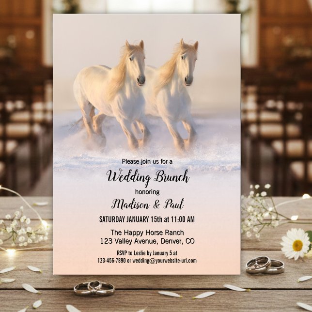 Invitation Mariage Brunch Chevaux d'Hiver (Winter wedding brunch invitation featuring two horses running in the snow.)