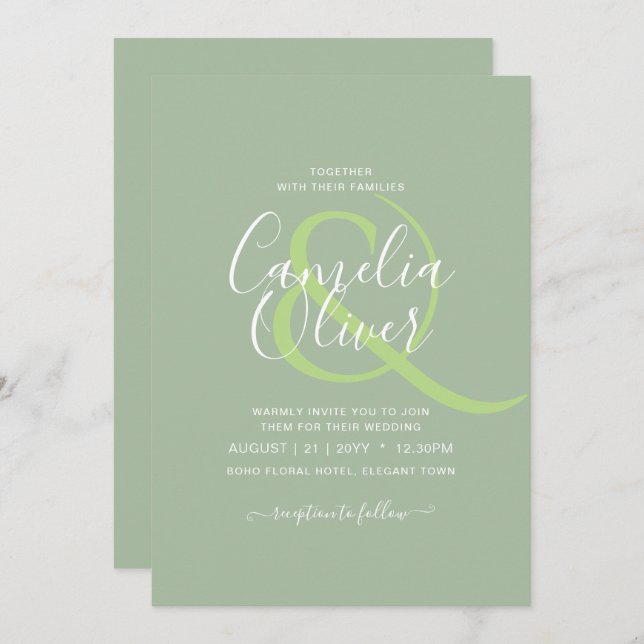 Invitation MARIAGE BUDGET Sage Apple Green Monochrome Texte (Devant / Derrière)