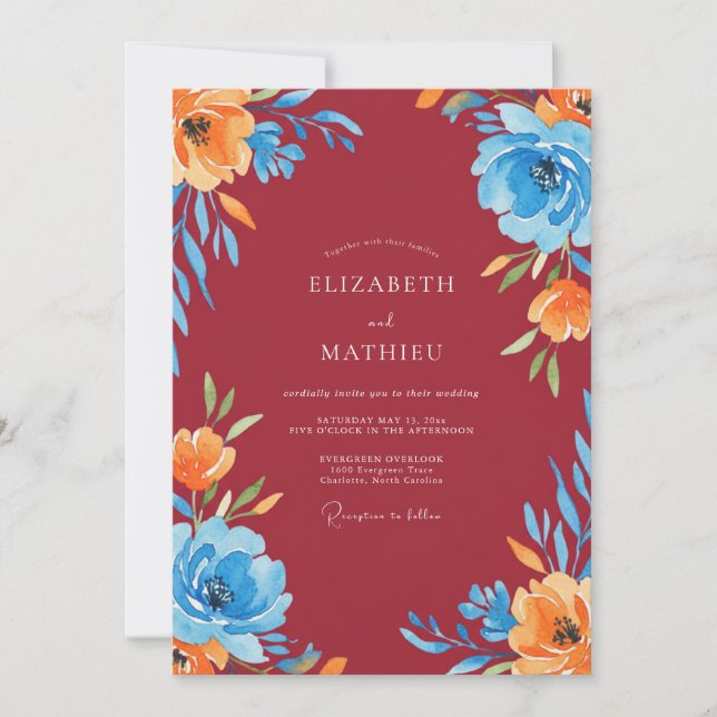 Invitation Mariage Burgundy Azure Bloom (Devant)