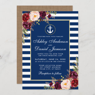 Invitation Mariage Burgundy Bleu Nautique Bleu rayures Invita