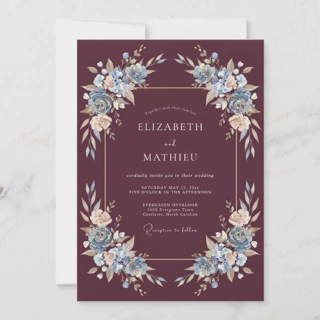 Invitation Mariage Burgundy Blue Éthéré Élégant (Devant)