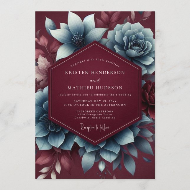 Invitation Mariage Burgundy & Blue Moody Bloom (Devant)