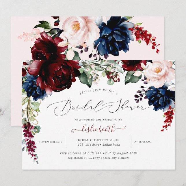 Invitation Mariage Burgundy Blush Fleurs Nuit Fête de Mariage (Devant / Derrière)