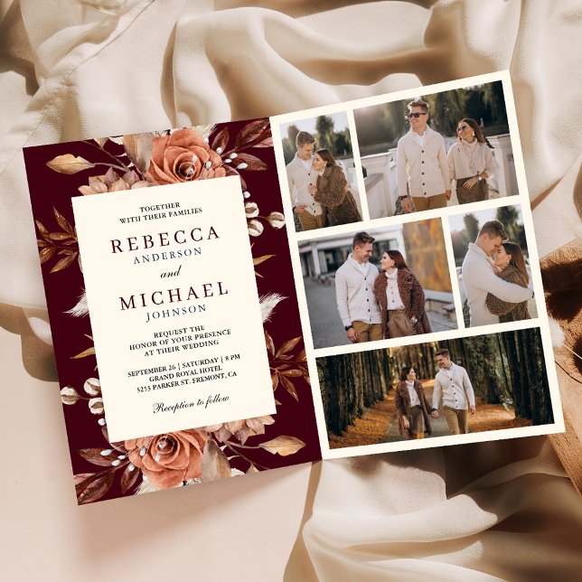 Invitation Mariage Burgundy Code QR Fleurs Terre Cuite Crème (Créateur téléchargé)