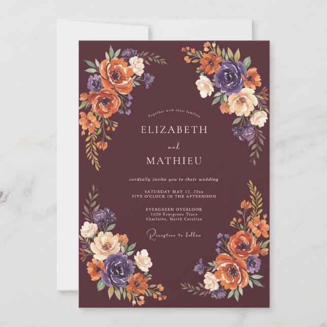 Invitation Mariage Burgundy Floraison Automnale (Devant)
