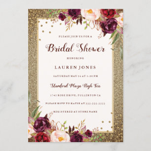 Invitation Mariage Burgundy floral Sparkle Gold