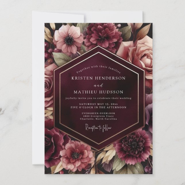 Invitation Mariage Burgundy Luminous Flora (Devant)
