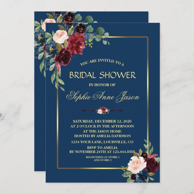 Invitation Mariage Burgundy Navy Blue Fleurs Cadre Doré (Devant / Derrière)