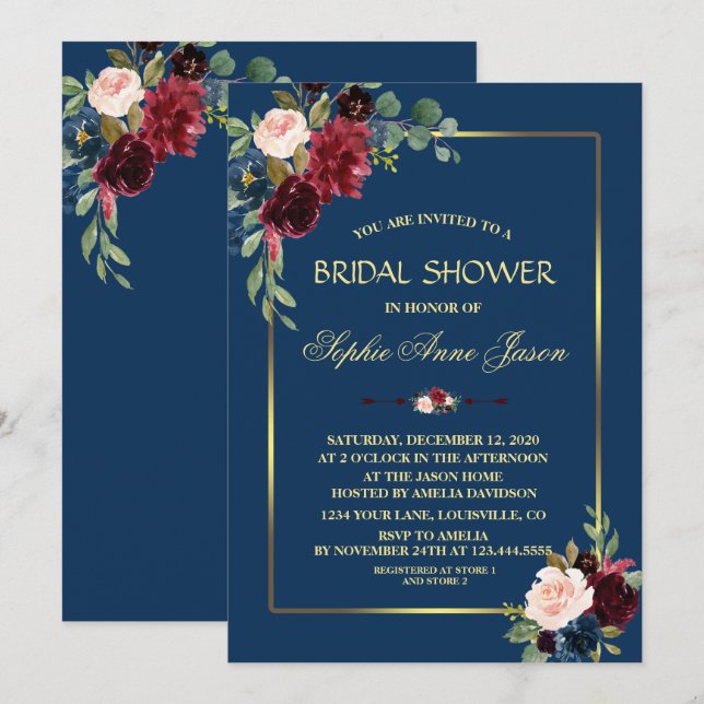 Invitation Mariage Burgundy Navy Blue Floral Cadre Doré (Devant / Derrière)