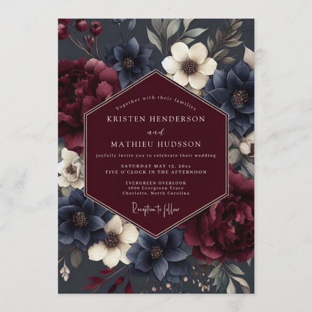 Invitation Mariage Burgundy Navy Fleur Somber (Devant)