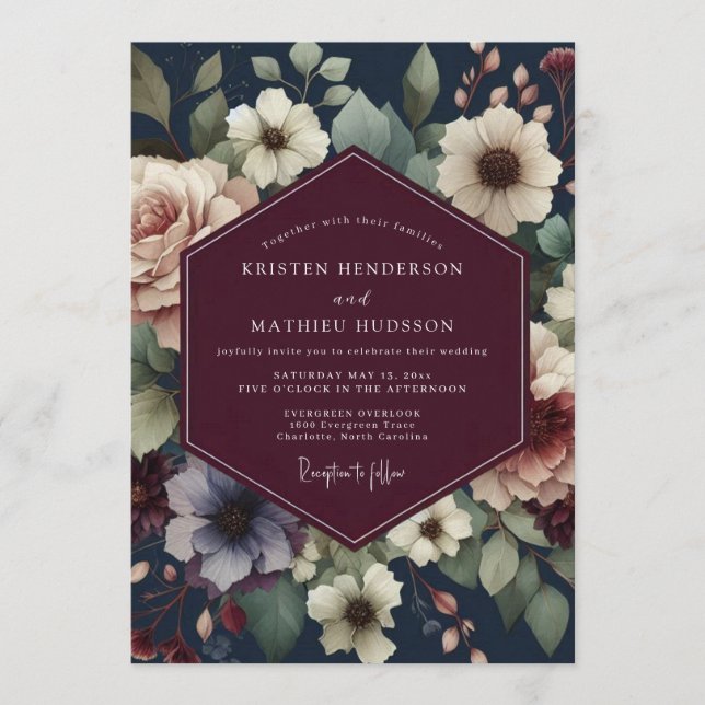 Invitation Mariage Burgundy Navy Fleurie (Devant)