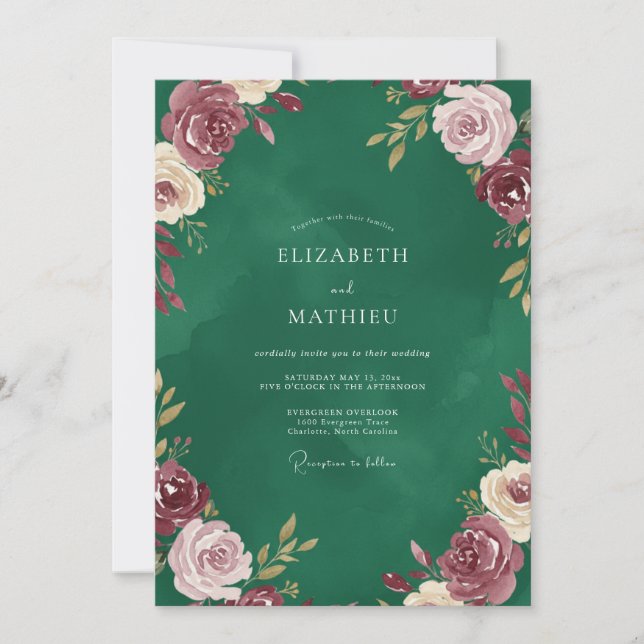 Invitation Mariage Burgundy Renoncule Émeraude Sage (Devant)
