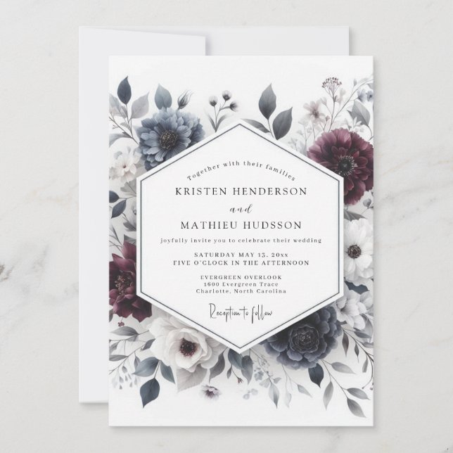 Invitation Mariage Burgundy & Slate Ethereal Bloom (Devant)