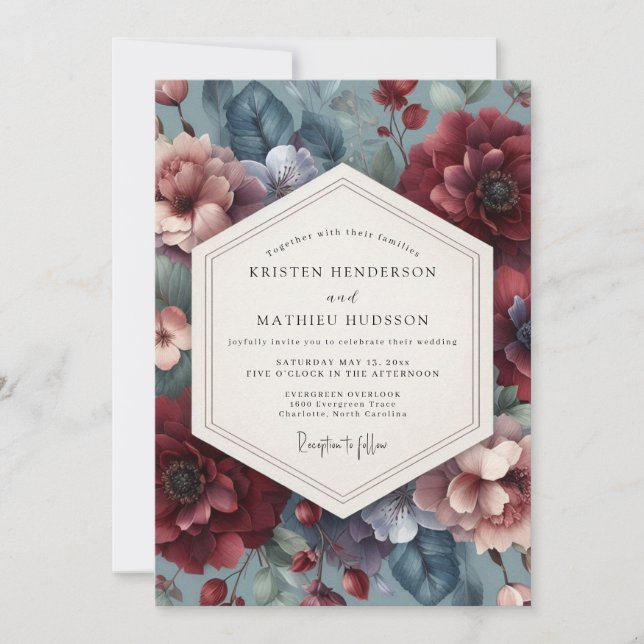 Invitation Mariage Burgundy Slate Moody Flora (Devant)