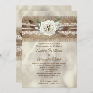 Invitation Mariage Burlap Beige Blanc Rose dentelle Bow