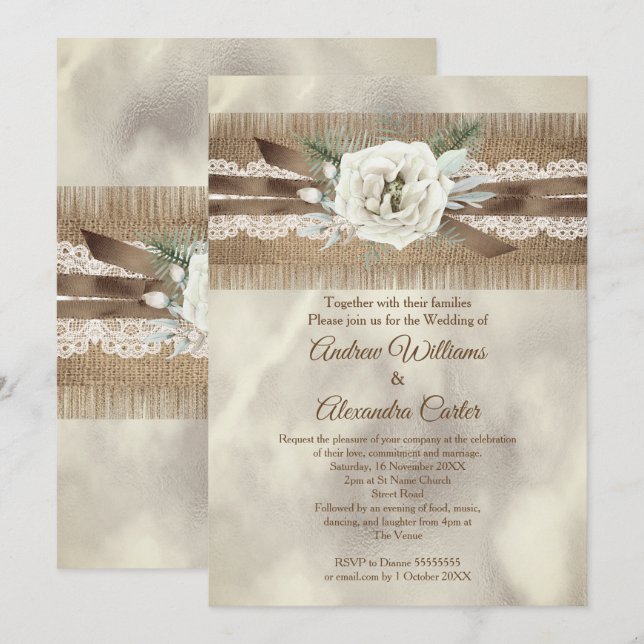 Invitation Mariage Burlap Beige Blanc Rose Ruban en Dentelle (Devant / Derrière)