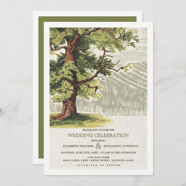 Invitation Mariage Burlap en chêne Vintage beige vert (Devant / Derrière)