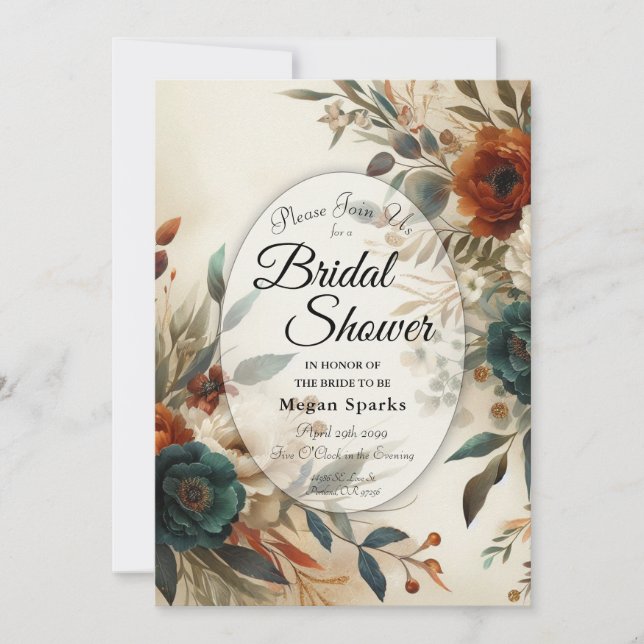 Invitation Mariage Burnt Orange et Bleu Fleurs d'Automne (Devant)