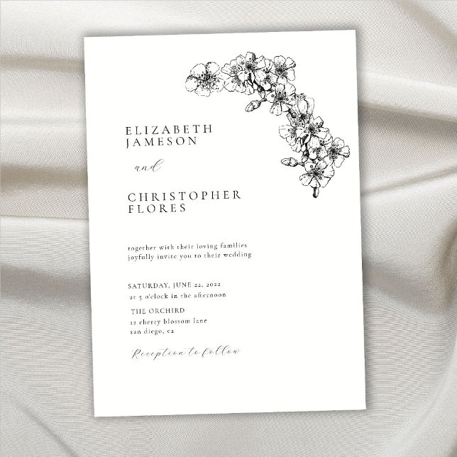 Invitation Mariage BW botanique en fleurs de cerises minimes (Créateur téléchargé)